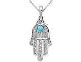14K White Gold Synthetic Turquoise Filigree Hamsa Pendant Necklace with Chain